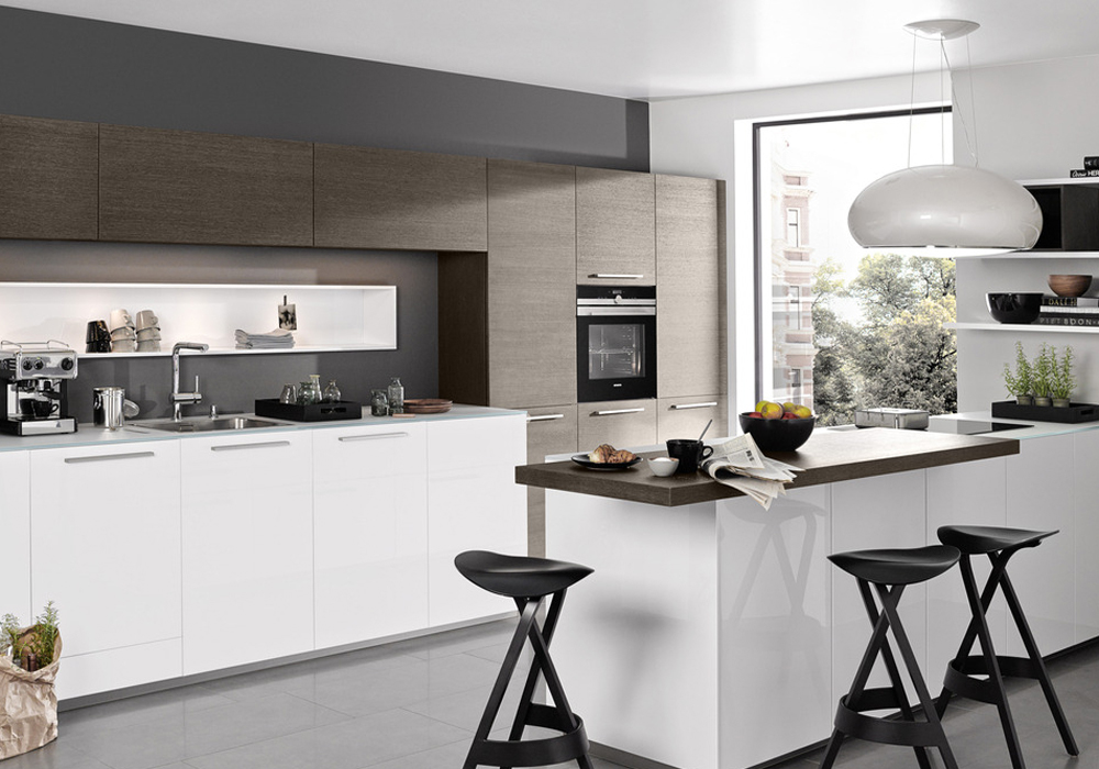 Modern High Gloss And Wooden Matching, Modern High Gloss White Kitchen Cabinets